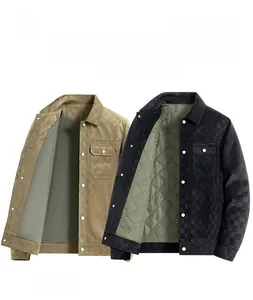 Detailed view of suede checkerboard jacket with lapel and quilted lining in two colors