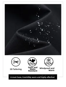 Close-up of waterproof and windproof black fabric showing water droplets and functional icons