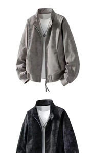 Détail de vestes vintage en cuir PU avec poignets côtelés et zip métallique en gris et noir