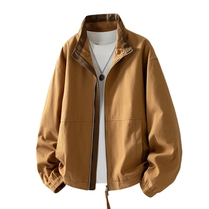 Men's loose casual khaki stand collar jacket with ribbed cuffs and hem for outdoor wear