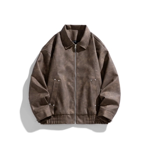 Men's retro dark brown windproof jacket with snow velvet texture and classic collar
