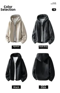Front and back views of hooded fleece jackets in apricot, dark grey, and black