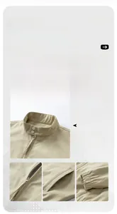 Detail view of khaki casual jacket showing stand collar, zip closure, and elastic cuffs