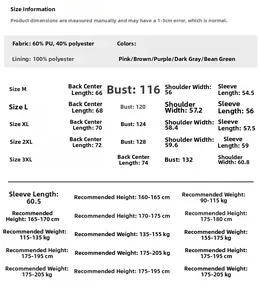 Men's retro PU leather jacket size chart with detailed measurements from M to 3XL