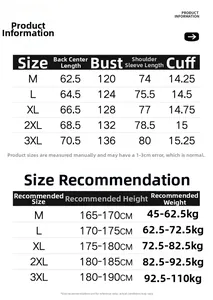 Detailed size chart for men's wool blend jacket including measurements and weight recommendations