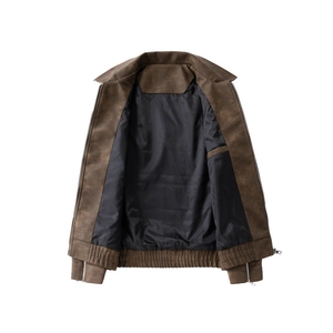 Men's casual windproof brown jacket with a soft velvet texture and ribbed cuffs for spring