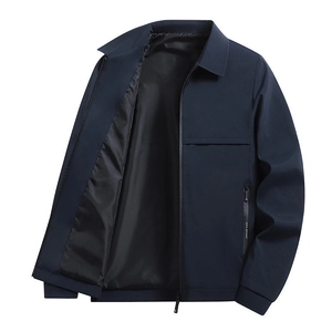 Men's navy blue padded business jacket with stand collar and zipper pocket detail