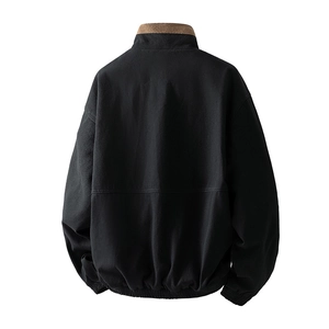 Men's loose fit jacket in black with brown corduroy stand collar seen from the back view