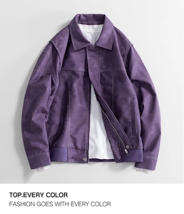 Detailed close-up of dark purple faux suede jacket with white contrast stitching and silver zippers