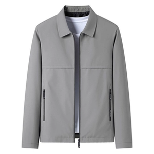 Men's casual grey jacket with lapel collar and zip pockets, autumn business style outerwear