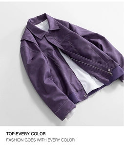 Detail of purple faux suede jacket featuring white contrast stitching and zip closure