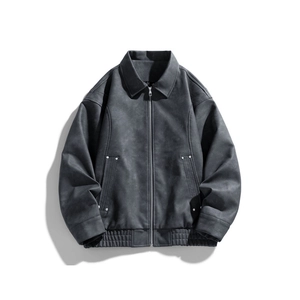 Men's dark gray windproof jacket with snowflake fleece texture and rivet details