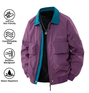 Detail view of water-resistant workwear jacket with contrast collar and functional pockets