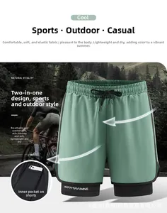 Detail view of double-layer sports shorts featuring an internal phone pocket for running