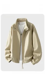 Detail view of apricot casual stand collar jacket with zip closure and ribbed cuffs