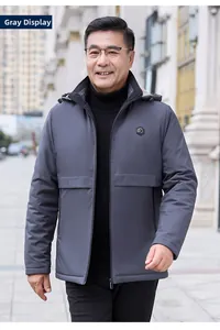 Detail of gray men's winter jacket with stand collar and zipper closure
