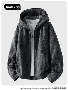 Detail of dark grey fleece hoodie jacket with soft fuzzy knit texture and zipper closure
