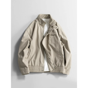 Men Casual Windproof Stand Collar Jacket Solid Color Zip Up Outerwear Chenille Texture Polyester Coat For Spring Autumn Fashion