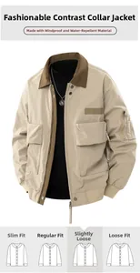 Detail of water-resistant pilot jacket showing brown collar and utility cargo pockets