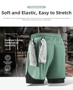 Detail of sage green 2-in-1 men's running shorts featuring back towel loop and black lining