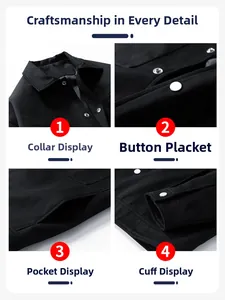 Detail view of black casual jacket featuring lapel, metal buttons and utility pockets