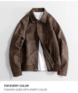 Detail of dark brown faux leather bomber jacket with white contrast stitching and ribbed hem