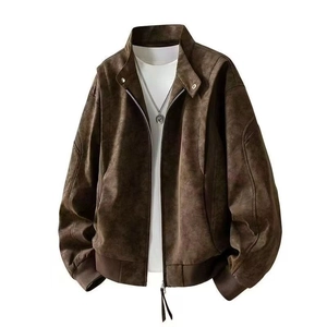 Veste de motard vintage en similicuir marron foncé avec col montant pour hommes