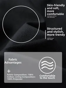 Detail showing 100% cotton twill fabric texture and polyester lining of the black jacket
