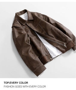 Detail of dark brown PU leather jacket featuring vintage white contrast stitching and ribbed cuffs