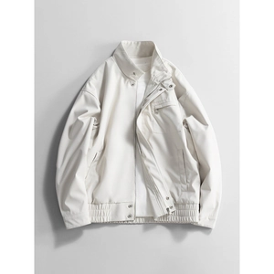 Men's off-white chenille windproof jacket with stand collar and zipper pocket detail