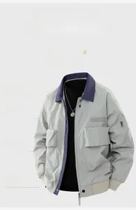 Detail view of American vintage pilot jacket with contrasting collar and cargo pockets