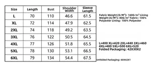 Detailed size chart for men's hooded jacket showing bust and length from L to 6XL sizes