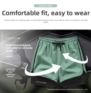 Detail of 2-in-1 sage green running shorts with compression liner and drawstring waist