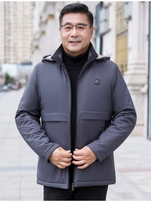 Detail of men's winter hooded jacket with fleece collar and premium metal zipper