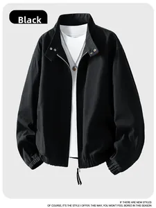 Close-up of black stand collar jacket with ribbed cuffs and full zipper closure