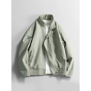 Sage green chenille windproof jacket with stand collar and zipper pocket for men