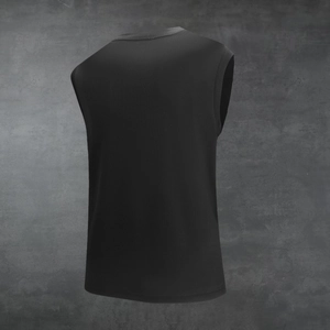Macro shot of the black sleeveless sports tank top with breathable quick-dry mesh fabric