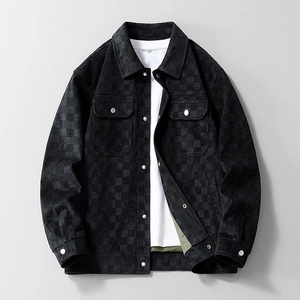 Men's black checkerboard suede jacket with lapel collar and chest pockets for casual style