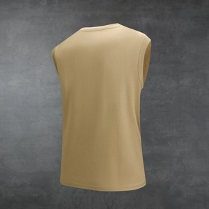 Rear view detail of khaki sleeveless tank top featuring breathable mesh texture and round neck