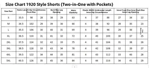 Detailed size chart for 2-in-1 quick-dry sports shorts from size S to 5XL with measurements