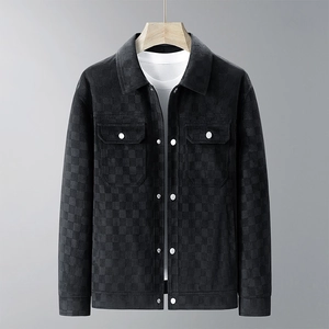 Men's black suede jacket with embossed checkerboard pattern and classic shirt collar