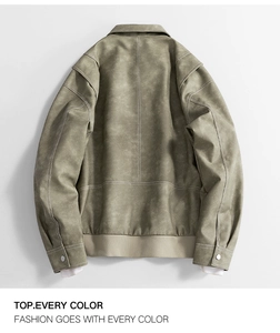Men's retro jacket back view with white contrast stitching and ribbed hem detail
