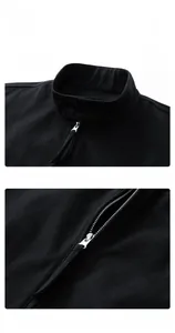Detail view of black stand collar jacket featuring woven zipper pull and twill texture