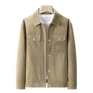 Men's khaki faux suede jacket with checkered texture and front button pockets