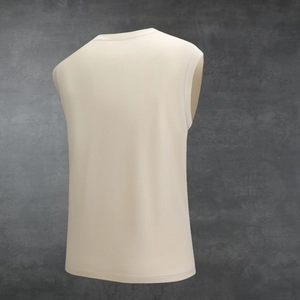 Rear view of cream sleeveless t-shirt in breathable knit fabric on dark background