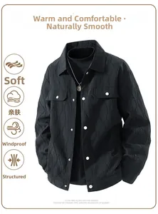 Detail showing black cargo jacket with vertical pleat texture and metal snap buttons