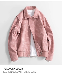 Detail of pink faux suede jacket showing zipper and soft premium fabric texture