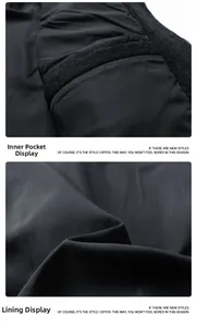Detail view of the inner pocket and smooth black woven lining of the men's casual jacket