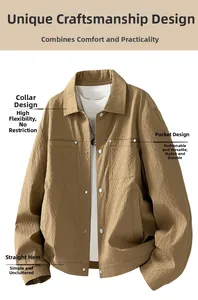 Detailed close-up of khaki lapel jacket featuring button placket and workwear patch pockets