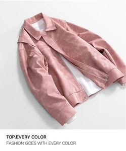 Detail of pink faux suede jacket showing silver zipper and premium fabric texture